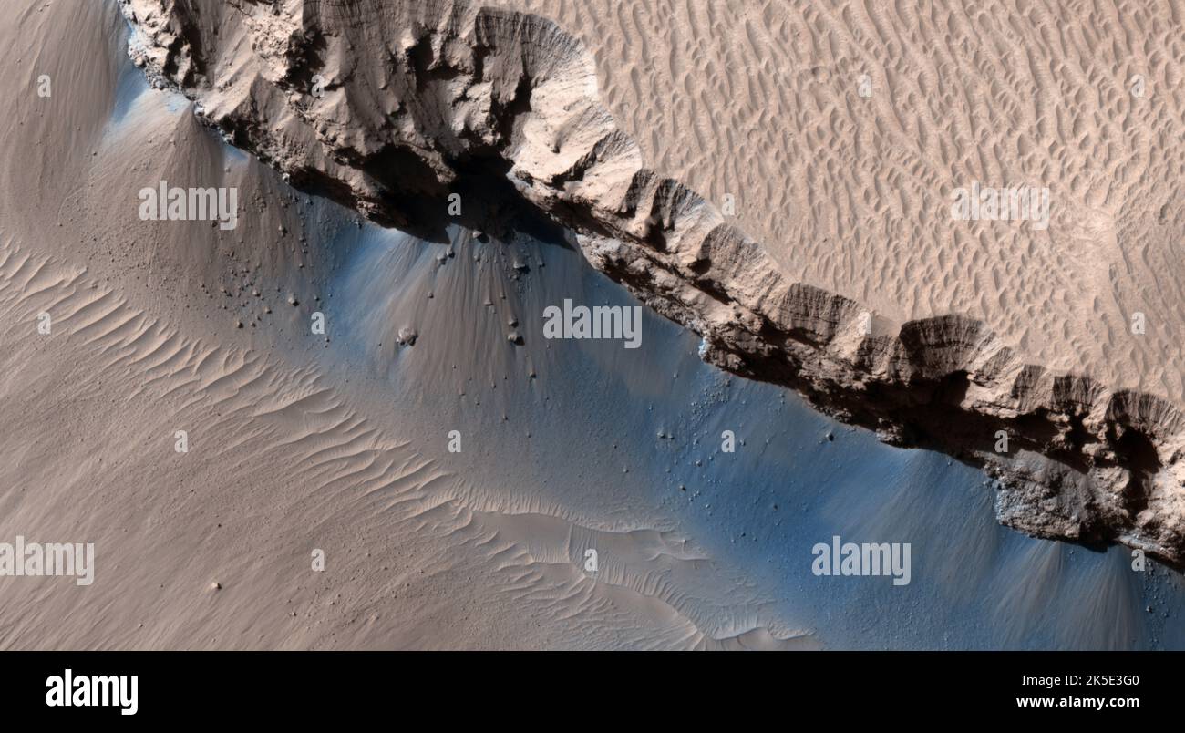 Paesaggio marziano. Questa immagine HiRISE mostra le forme anatomiche sulla superficie di Marte. Nili Fossae è spesso sulla lista corta per i potenziali siti di atterraggio per l'esplorazione, solitamente a causa dei minerali interessanti che sono stati rilevati qui. Questa osservazione è volta a cercare possibili argille lungo una frattura nella regione orientale di Nili Fossae, che è un grande gruppo di grabbe concentriche situato vicino al bacino d'impatto Isidis nell'emisfero settentrionale di Marte. L'area dell'immagine è inferiore a 5 km (3 miglia). Una versione ottimizzata e unica delle immagini NASA. Credit: ASA/JPL/UArizona Foto Stock