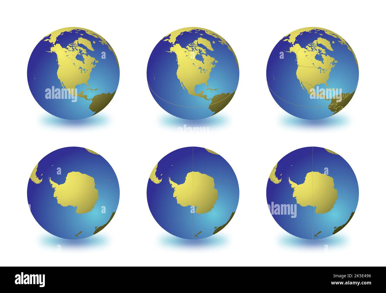 Set di globi terrestri focalizzati sul Nord America (riga superiore) e sull'Antartide (riga inferiore). Stratificati e raggruppati con cura per facilitare l'editing. È possibile e. Illustrazione Vettoriale