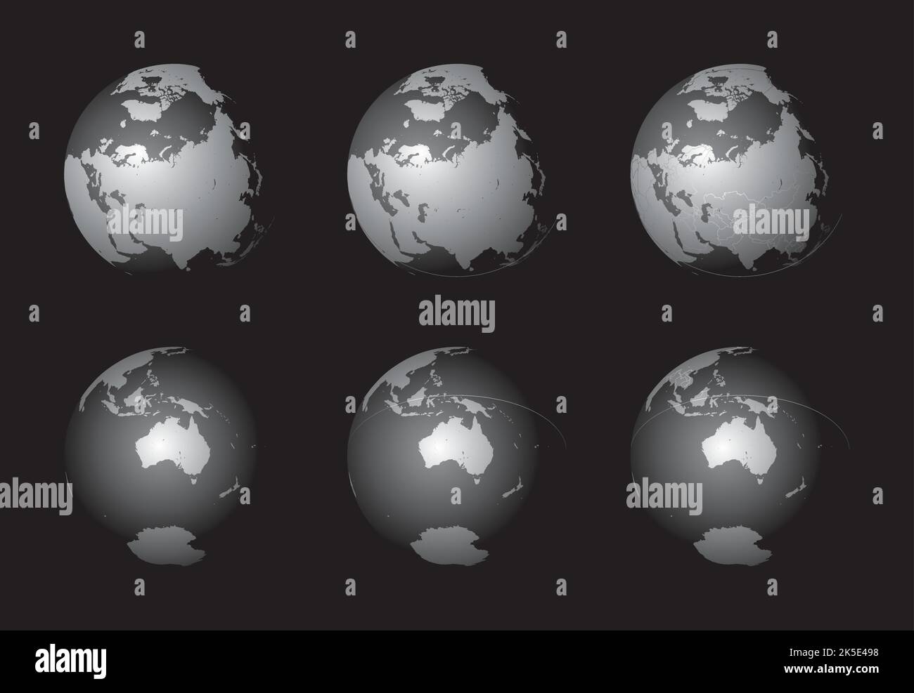 Insieme di globi terrestri che si concentrano sull'Asia settentrionale (riga superiore) e sull'Australia (riga inferiore). Stratificati e raggruppati con cura per facilitare l'editing. È possibile modificare Illustrazione Vettoriale