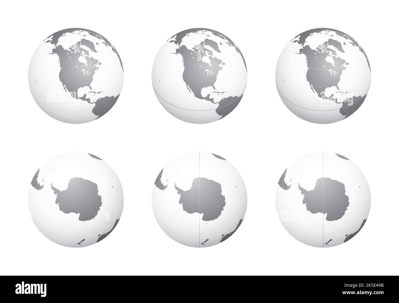 Set di globi terrestri focalizzati sul Nord America (riga superiore) e sull'Antartide (riga inferiore). Stratificati e raggruppati con cura per facilitare l'editing. È possibile e. Illustrazione Vettoriale