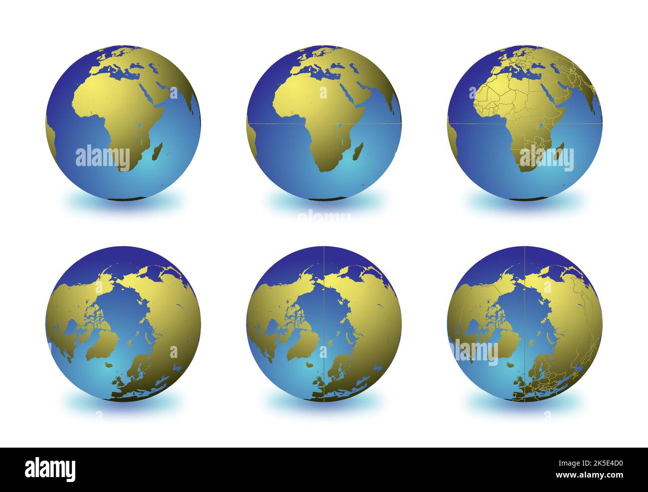 Insieme di globi terrestri che si concentrano sull'Africa (riga superiore) e sull'Artico (riga inferiore). Stratificati e raggruppati con cura per facilitare l'editing. È possibile modificare o remo Illustrazione Vettoriale
