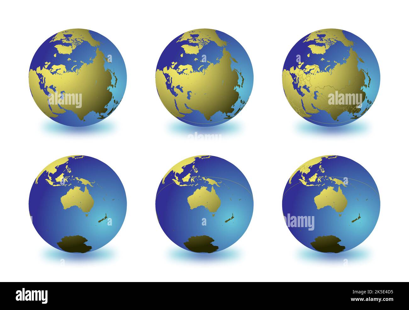 Insieme di globi terrestri che si concentrano sull'Asia settentrionale (riga superiore) e sull'Australia (riga inferiore). Stratificati e raggruppati con cura per facilitare l'editing. È possibile modificare Illustrazione Vettoriale