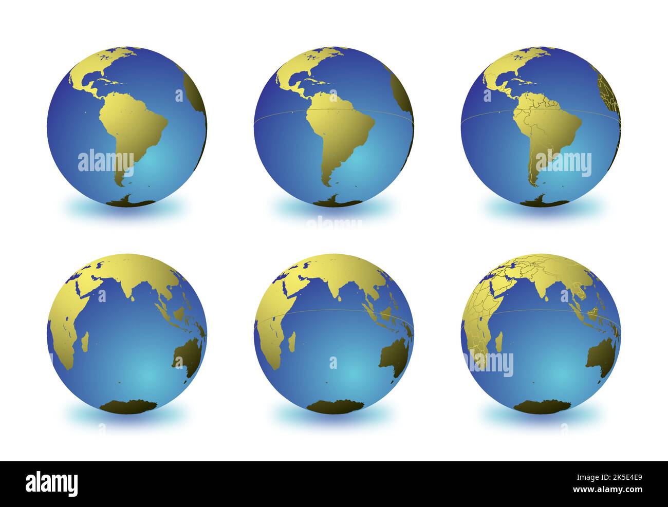 Set di globi terrestri che si concentrano sull'America del Sud (riga superiore) e sull'Oceano Indiano (riga inferiore). Stratificati e raggruppati con cura per facilitare l'editing. È possibile Illustrazione Vettoriale
