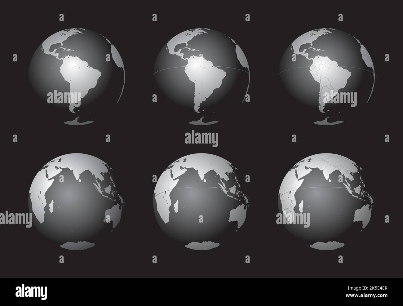 Set di globi terrestri che si concentrano sull'America del Sud (riga superiore) e sull'Oceano Indiano (riga inferiore). Stratificati e raggruppati con cura per facilitare l'editing. È possibile Illustrazione Vettoriale