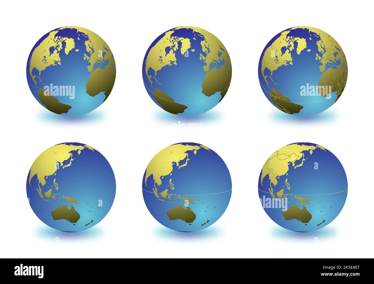 Insieme di globi terrestri che si concentrano sull'Atlantico settentrionale (riga superiore) e sull'Asia orientale e sull'Oceania (riga inferiore). Stratificati con cura e raggruppati per facilitare l'editin Illustrazione Vettoriale
