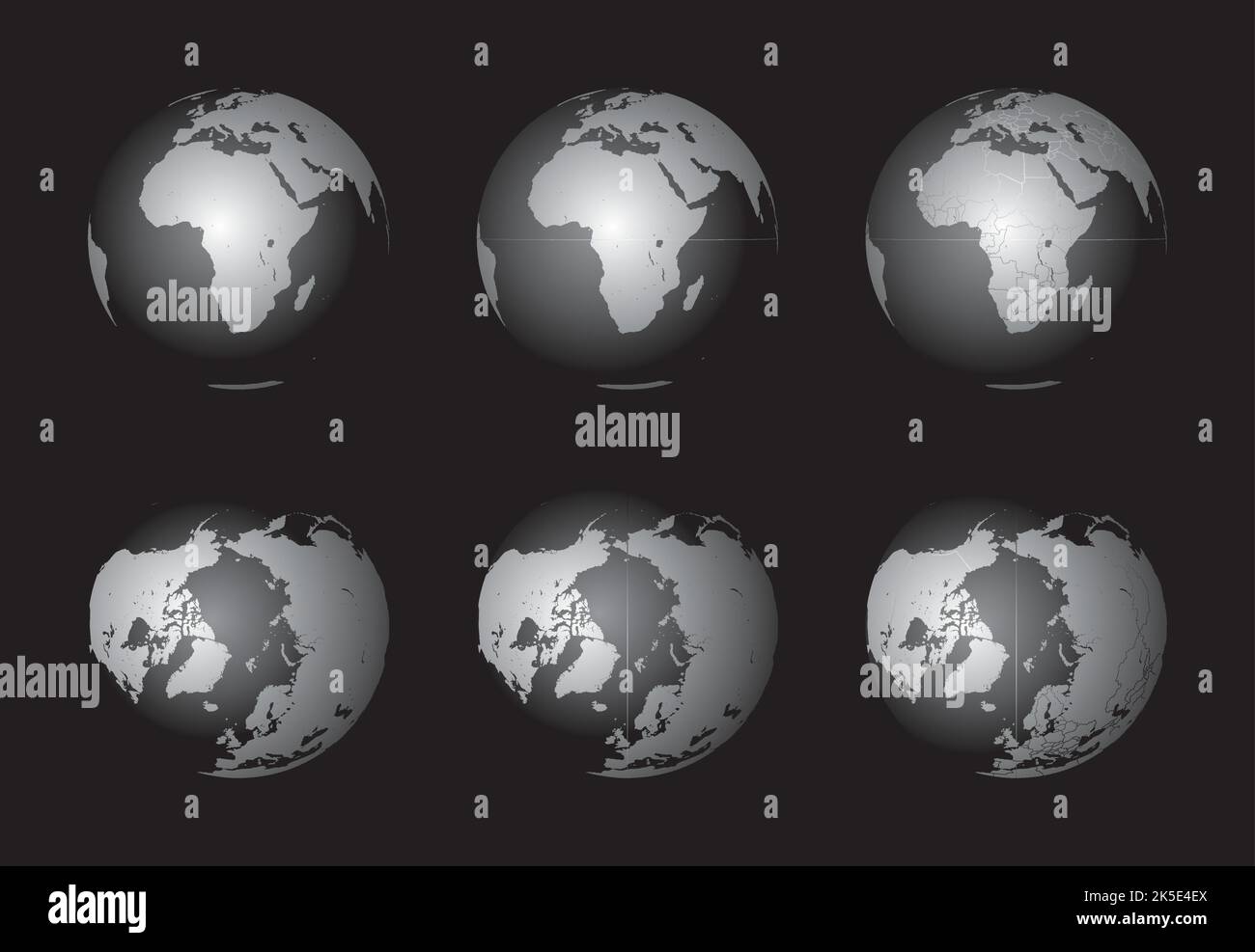 Insieme di globi terrestri che si concentrano sull'Africa (riga superiore) e sull'Artico (riga inferiore). Stratificati e raggruppati con cura per facilitare l'editing. È possibile modificare o remo Illustrazione Vettoriale