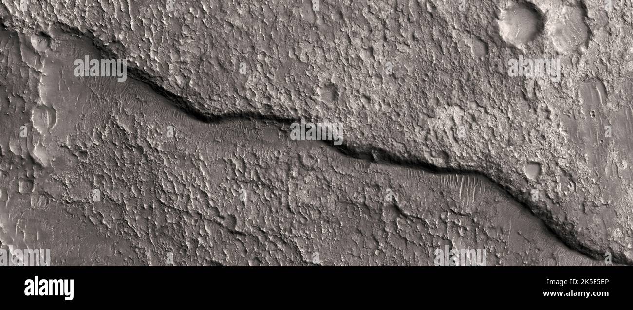 Paesaggio marziano. Questa immagine HiRISE mostra le forme anatomiche sulla superficie di Marte. Terreno roccioso e scarpa. Immagine a partire da 263 km sopra la superficie; meno di 5 km dall'alto verso il basso; il nord è a destra. Una versione ottimizzata e unica delle immagini NASA. Credit: ASA/JPL/UArizona Foto Stock