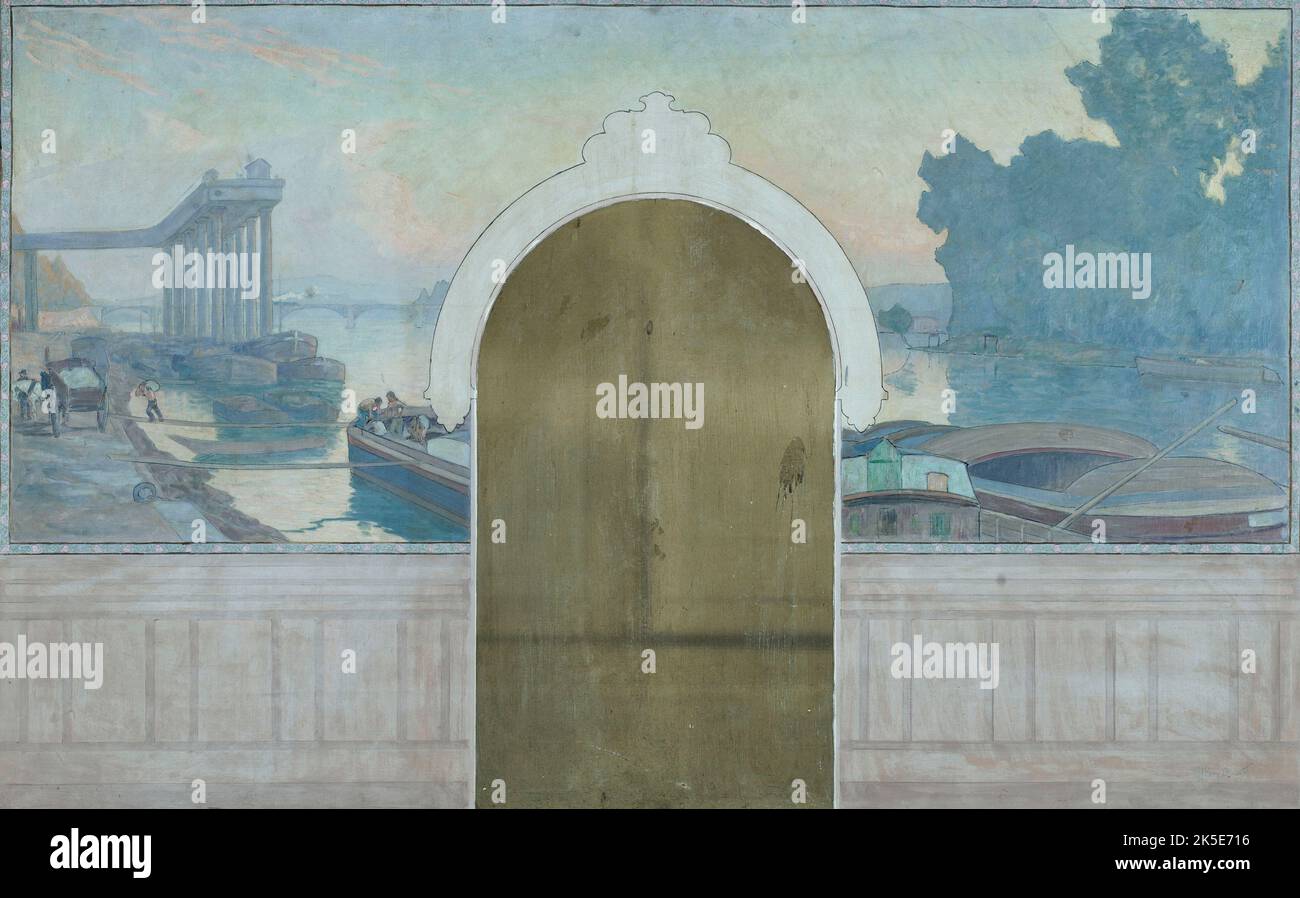 Esquisse pour la salle de mariages de la mairie d'Asni&#xe8;res : Paysage. P&#xe9;nicchie sur la Seine, avec le pont d'Asni&#xe8;res, c.1900. Paesaggio, chiatte sulla Senna, il ponte ad Asni&#xe8;res. Foto Stock