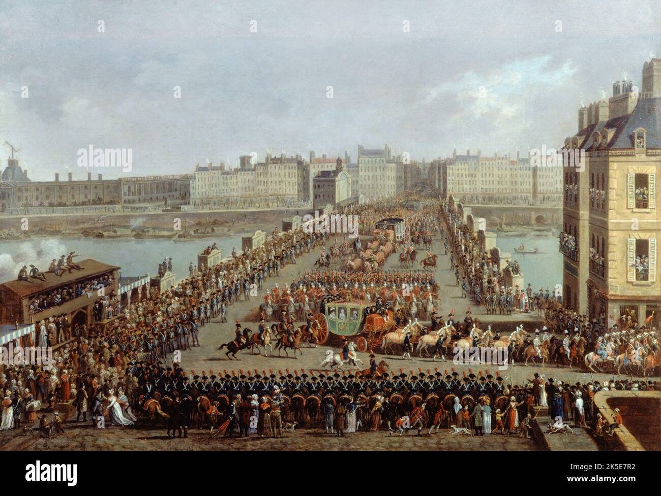 Le cort&#xe8;ge imp&#xe9;rial se rendant &#xe0; Notre-Dame pour la c&#xe9;r&#xe9;monie du sacre, le 2 d&#xe9;cembre 1804 ; la travers&#xe9;e du Pont-Neuf, 1805. T Foto Stock