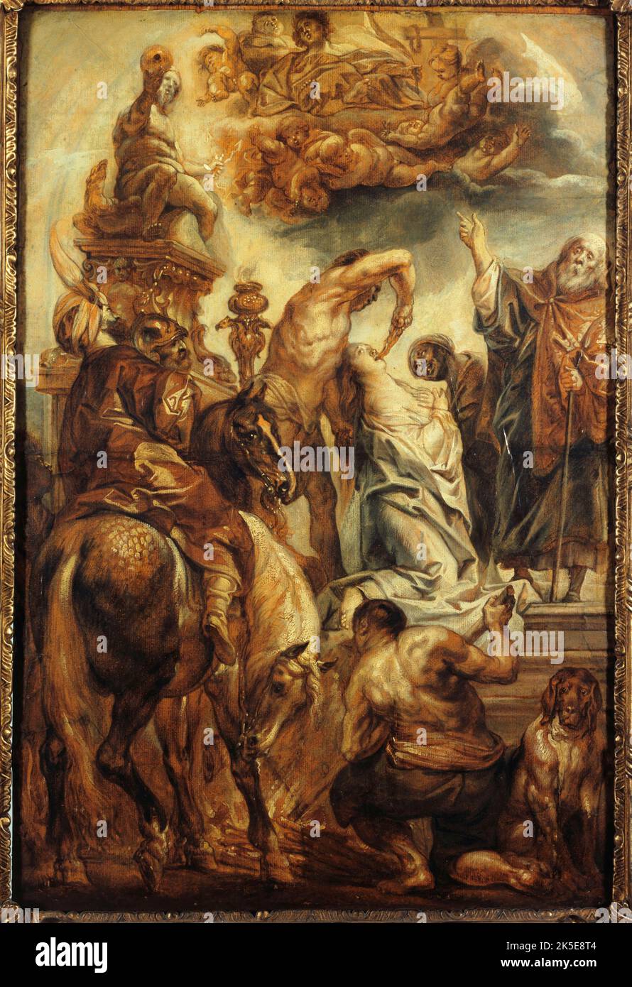 Le Martyre de Sainte Apolline, dopo 1628 km. Il martirio di Sant'Apollonia. Un torturatore tira indietro la testa della santa e le strappa i denti con delle pinze. A sinistra è una statua di Giove con bruciatori di incenso. Apollonia è il santo patrono dell'odontoiatria. Foto Stock