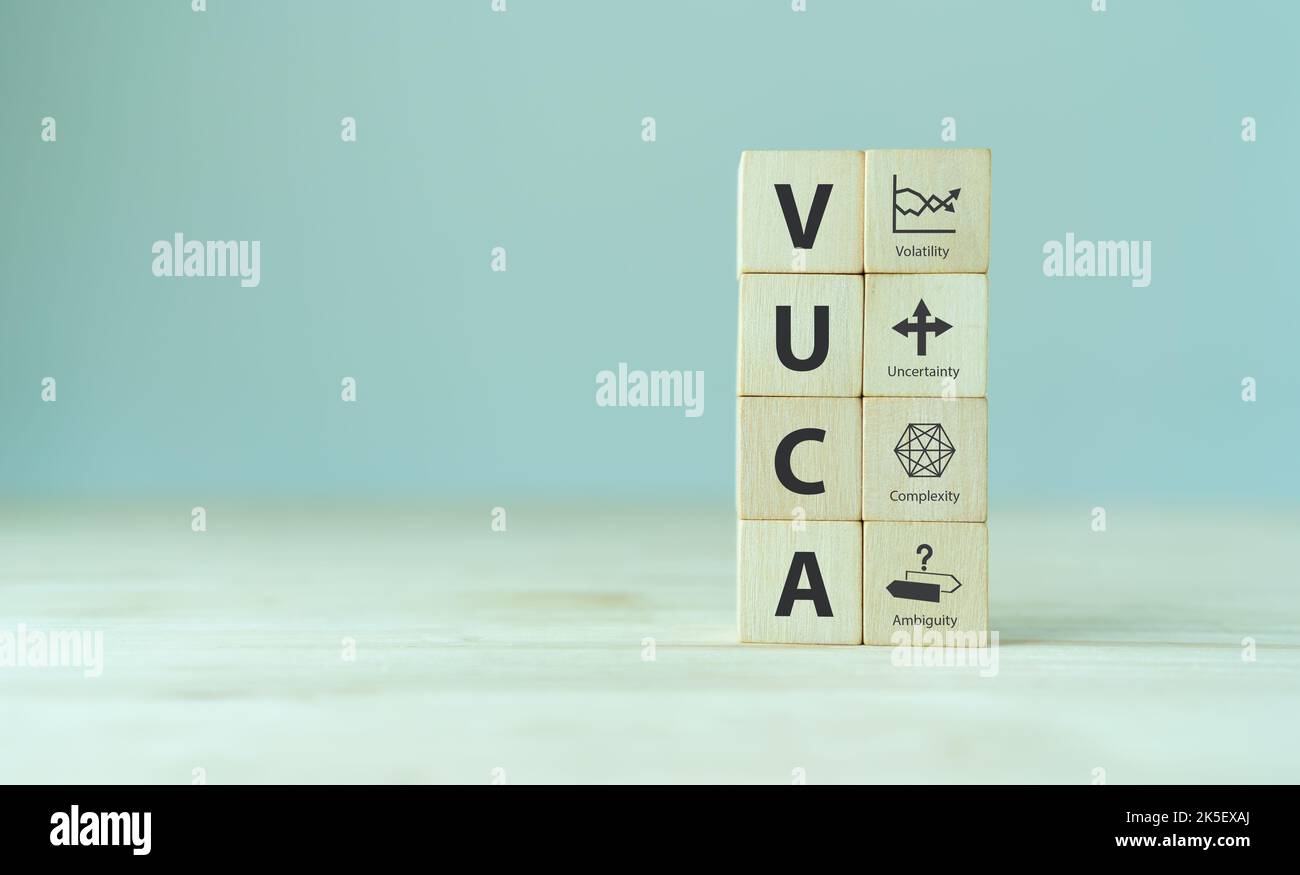 VUCA e gestione strategica. Cubi di legno con icona e testo VUCA; volatilità, incertezza, complessità, ambiguità con sfondo grigio. Gestione intelligente Foto Stock