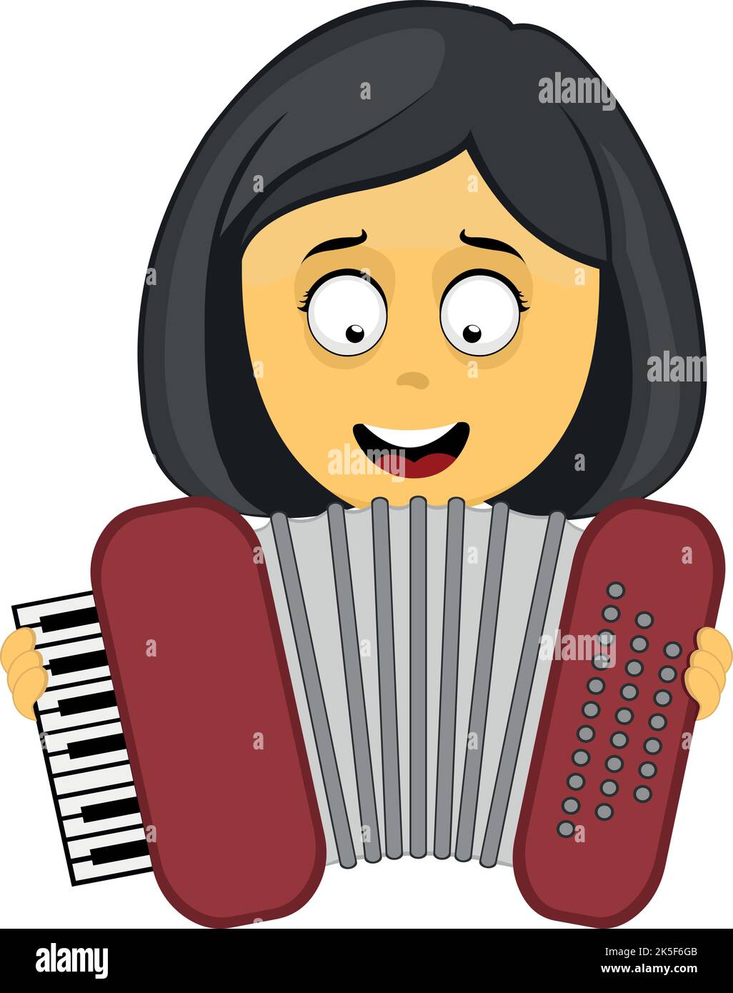 Illustrazione vettoriale di una donna cartoon gialla che suona fisarmonica o bayan con strumenti musicali Illustrazione Vettoriale