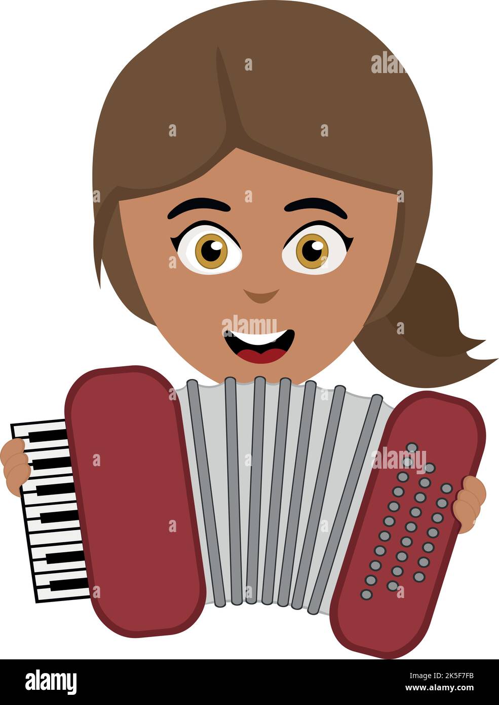 Illustrazione vettoriale del volto di una donna cartoon che suona uno strumento musicale per fisarmonica Illustrazione Vettoriale