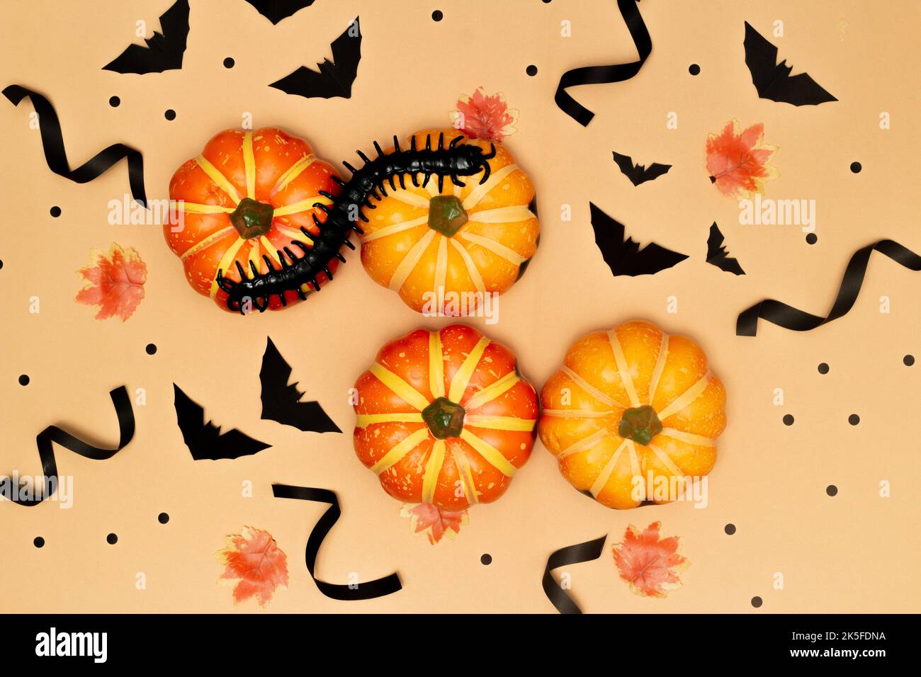 Halloween Concept, Centipede su pauroso sorriso zucche e fantasma con pipistrello nero su sfondo crema. Foto Stock
