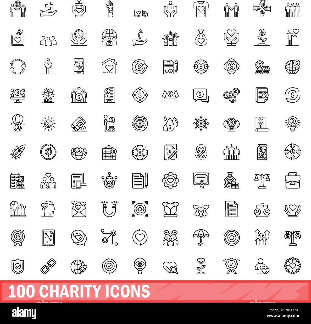 100 icone benefiche impostate. Illustrazione di 100 icone benefiche vettore isolato su sfondo bianco Illustrazione Vettoriale