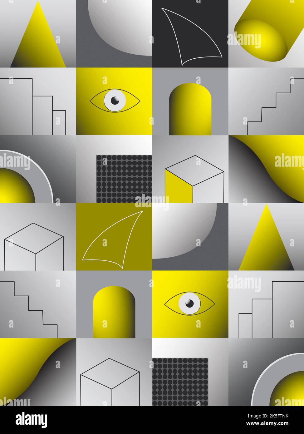 Modello con piastrelle quadrate. Collezione grigia e gialla di icone, segni, elementi geometrici. Foto Stock