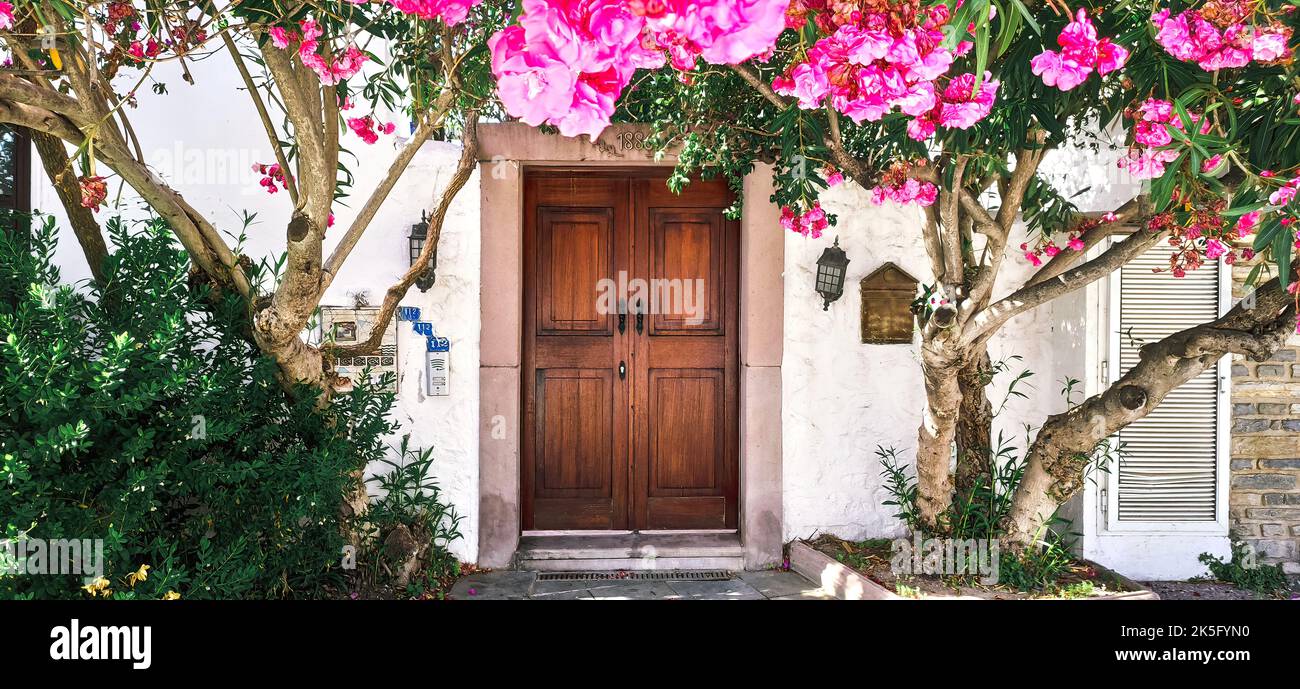 Vecchia porta di legno con fiori. Foto donload Foto Stock