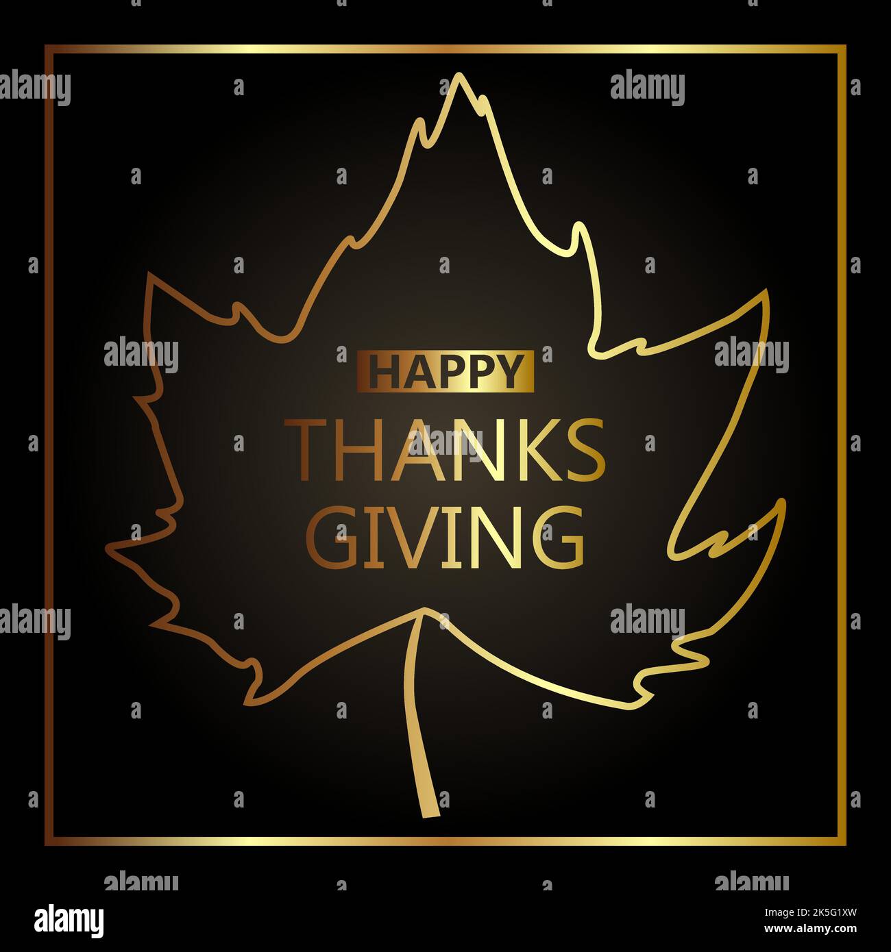 Felice giorno del Ringraziamento, festa d'autunno sfondo scuro con una foglia d'acero d'oro al centro. Illustrazione Vettoriale