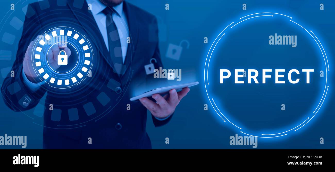 Didascalia testo perfetta. Approccio aziendale completo senza difetti o difetti, preciso o preciso Foto Stock