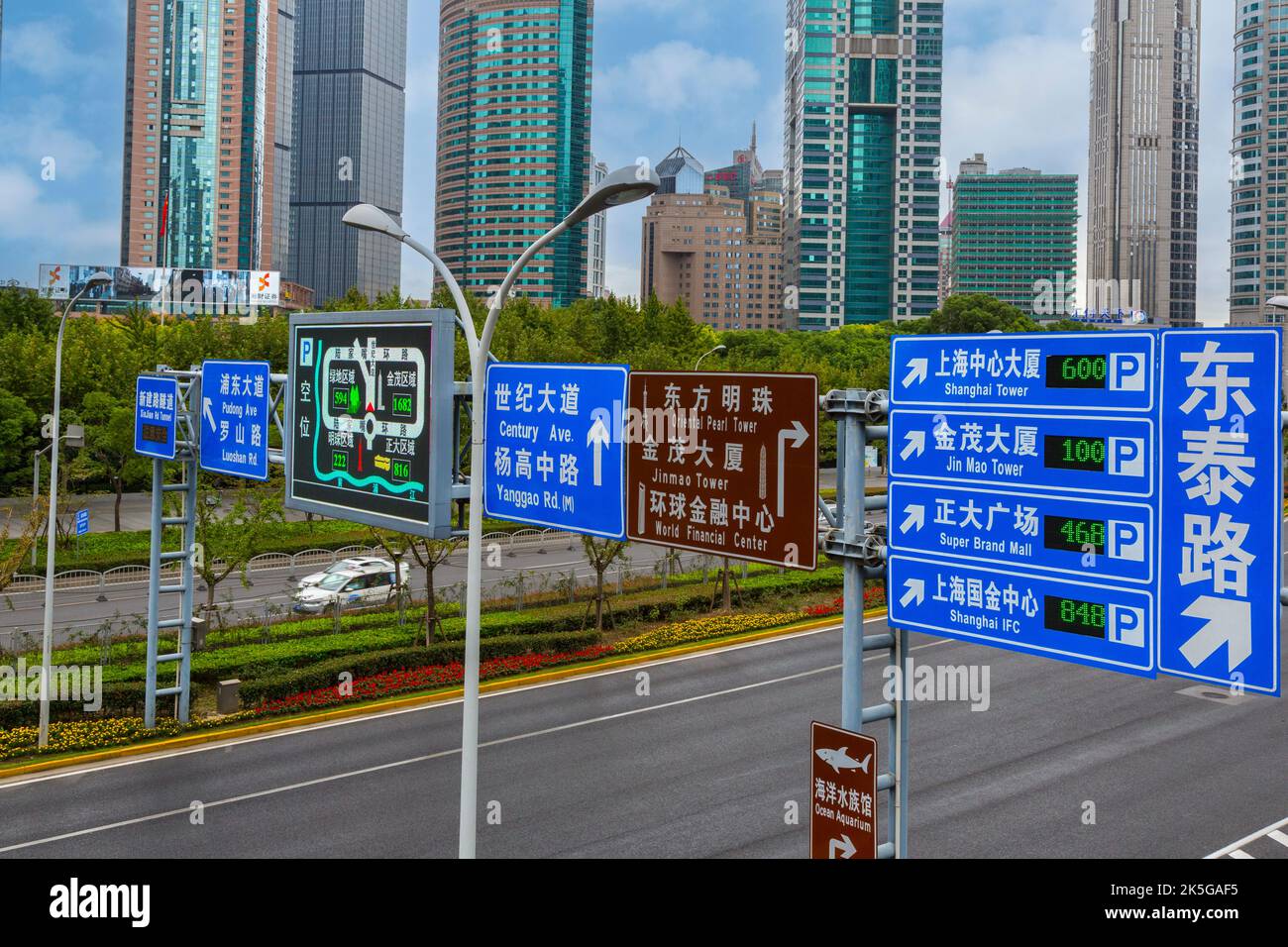 Cina, Shanghai. Segnaletica stradale, Distretto di Pudong. Foto Stock