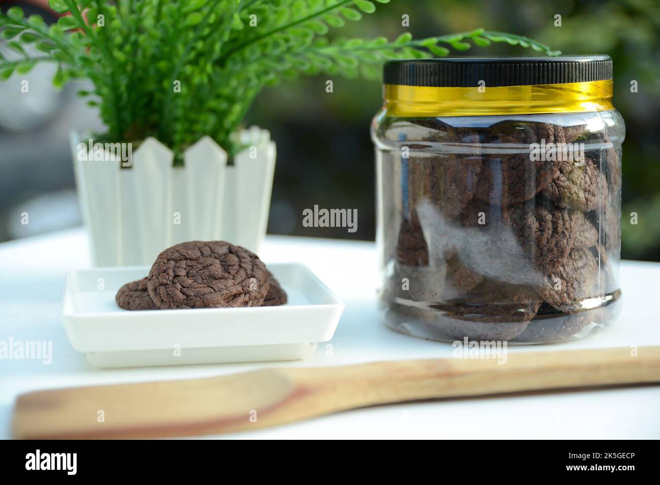 Biscotti appena sfornati con cioccolato. Una confezione di biscotti al cioccolato. Foto Stock