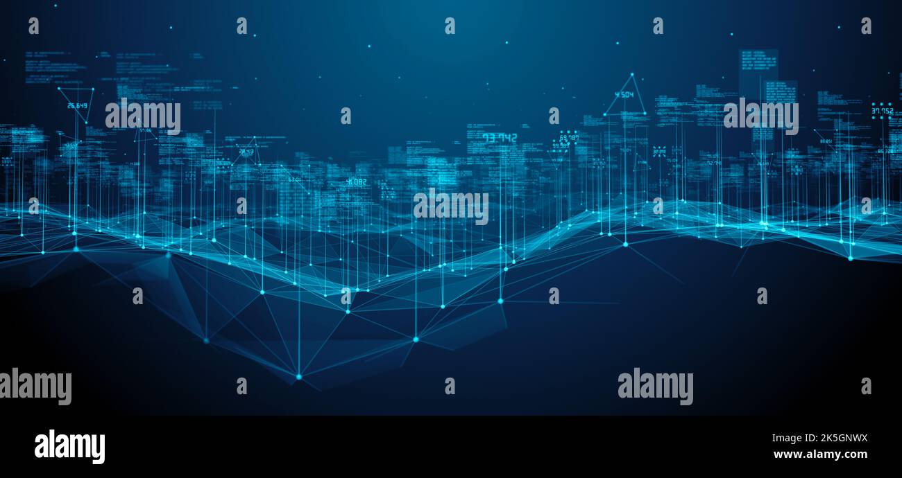 Rete globale digitale connessa Internet delle cose IOT cloud computing cybersecurity - Conceptual 3D Illustration Render. Foto Stock