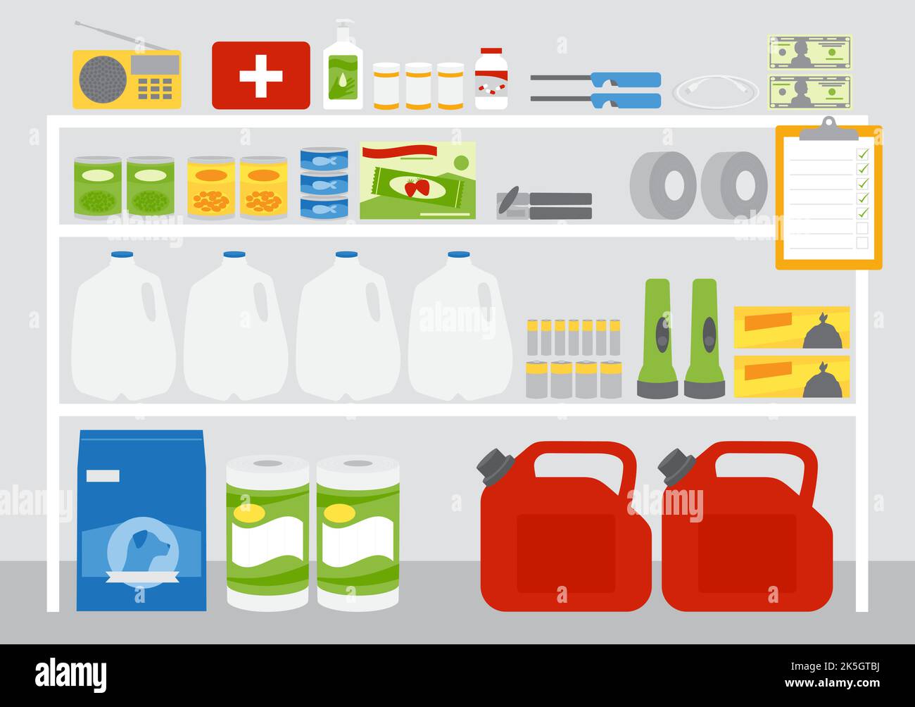 Una serie di forniture di emergenza, uragani e articoli per la preparazione alle emergenze su scaffali in un luogo di stoccaggio. Illustrazione Vettoriale