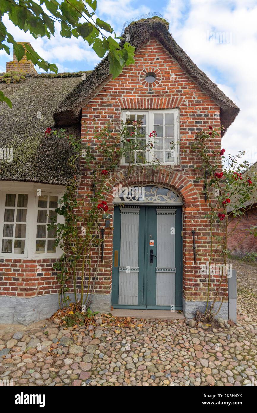 Casa a Slotsgade, la strada principale del pittoresco villaggio di Mögetönder, Jylland sud-occidentale, Danimarca. Foto Stock