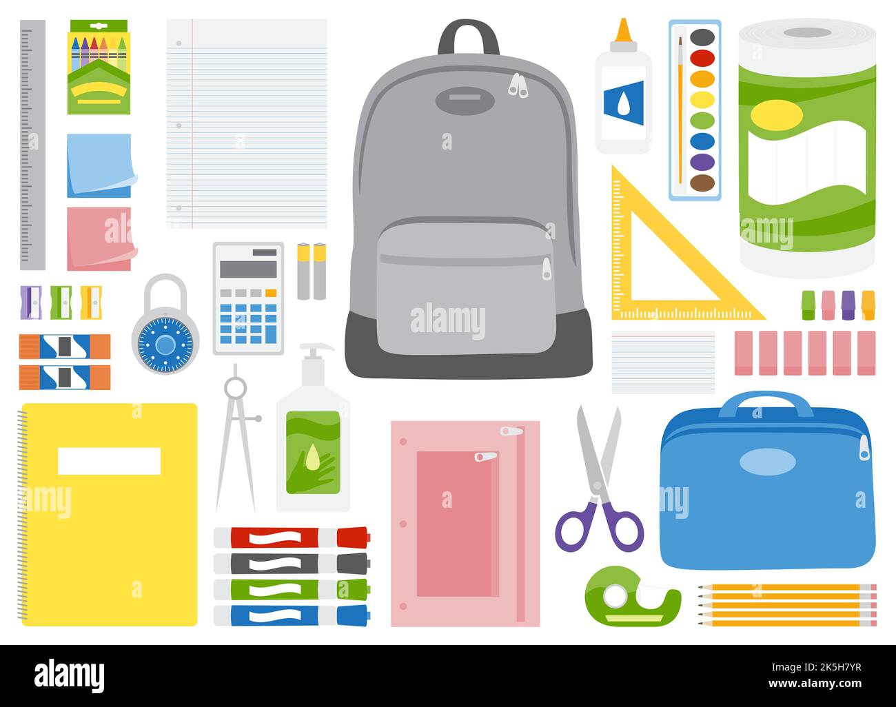 Background Educativo Con Forniture Scolastiche E Zip Aperta Vector - Immagini vettoriali stock e