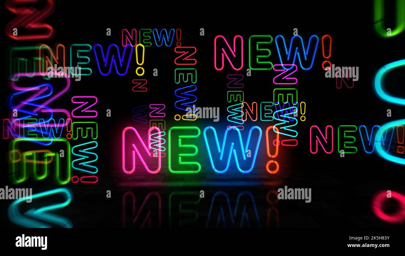 Nuovo simbolo al neon. Stile retrò di innovazione, promozione, idea e prodotto lampade a colori. Illustrazione del concetto astratto 3D. Foto Stock