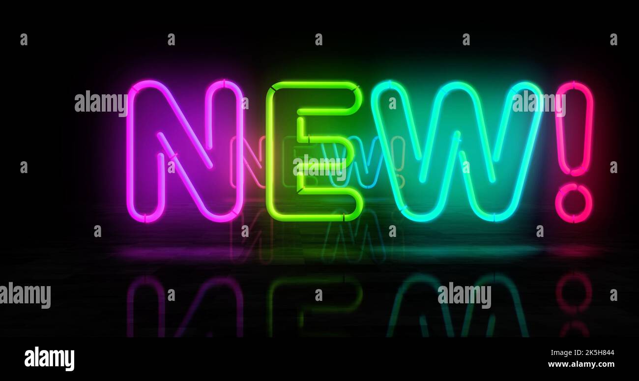 Nuovo simbolo al neon. Stile retrò di innovazione, promozione, idea e prodotto lampade a colori. Illustrazione del concetto astratto 3D. Foto Stock