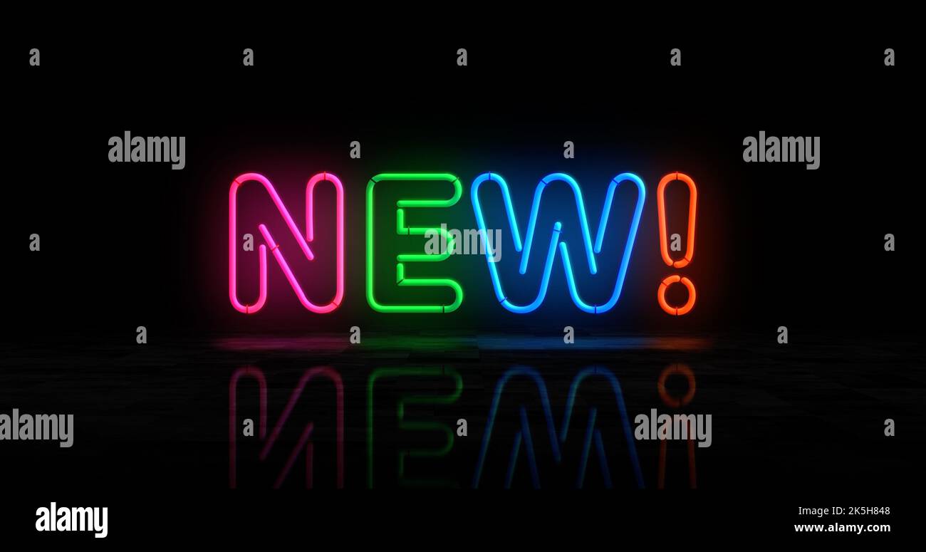 Nuovo simbolo al neon. Stile retrò di innovazione, promozione, idea e prodotto lampade a colori. Illustrazione del concetto astratto 3D. Foto Stock
