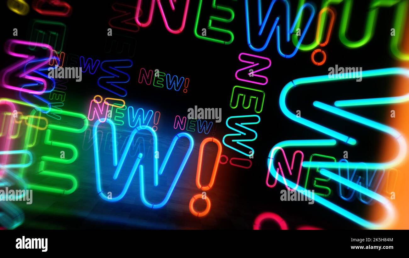 Nuovo simbolo al neon. Stile retrò di innovazione, promozione, idea e prodotto lampade a colori. Illustrazione del concetto astratto 3D. Foto Stock