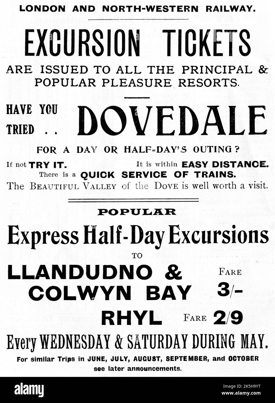Un annuncio pubblicitario del 1906 per la ferrovia di Londra e Nord-Ovest che promuove biglietti per escursioni di mezza giornata a Dovedale, Rhyl, Llandudno e Colwyn Bay. Foto Stock