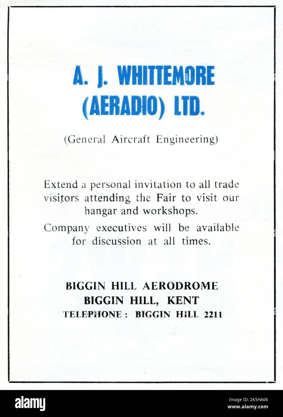 Un annuncio del 1964 della società britannica di ingegneria aerea, A. J. Whittemore (Aeradio) Ltd. Di Biggin Hill Aerodrome, Kent. Foto Stock