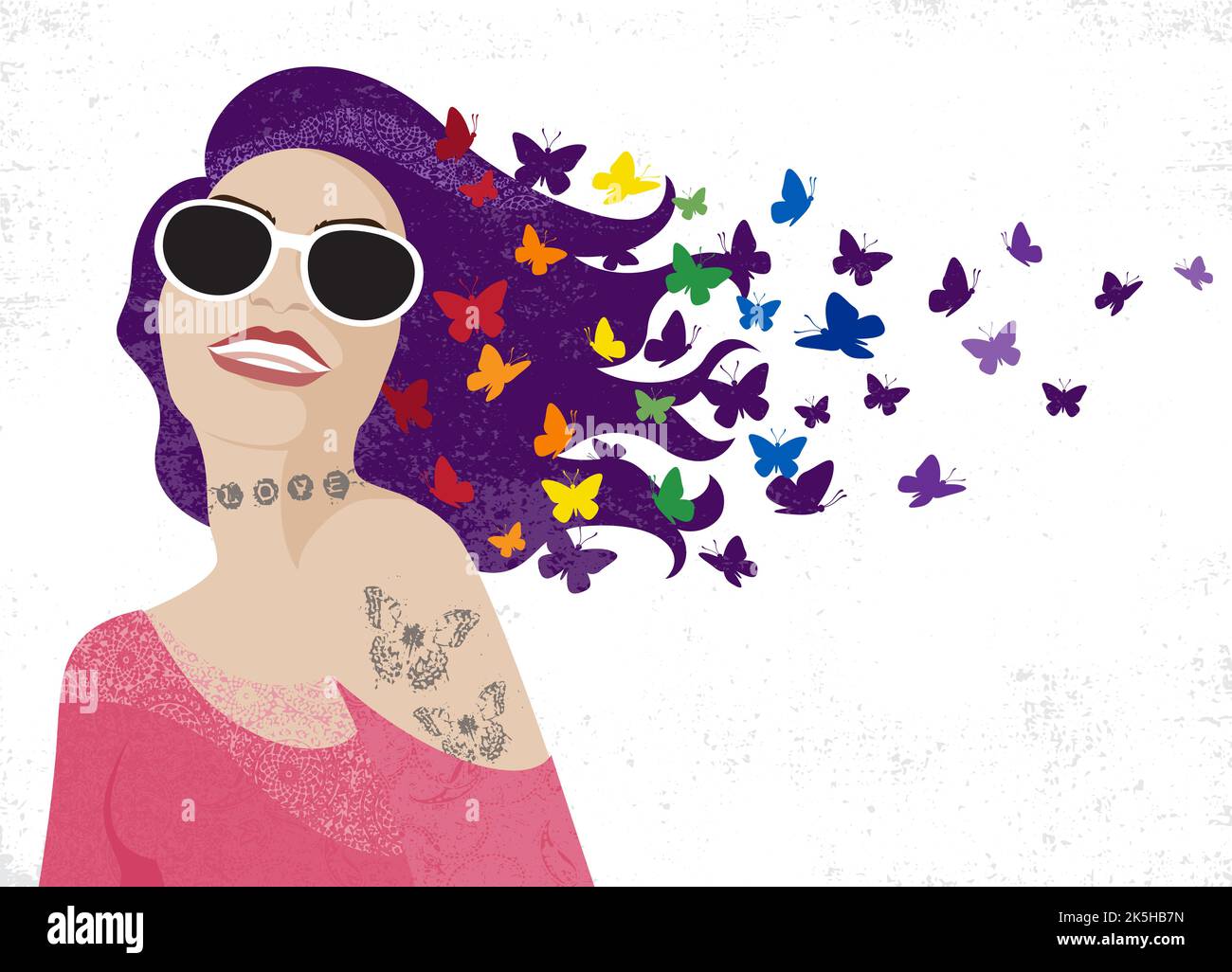 Una donna sorridente attraente sullo sfondo grunge, con occhiali da sole e farfalle arcobaleno nei suoi capelli viola Illustrazione Vettoriale