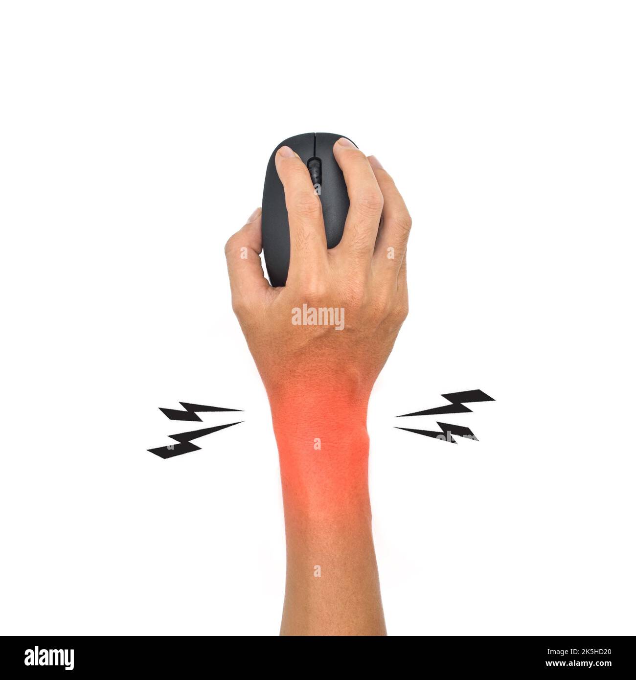 Sindrome della mano del topo nel giovane asiatico. Dolore alla base della mano o del polso dovuto all'uso prolungato del mouse del computer. Foto Stock