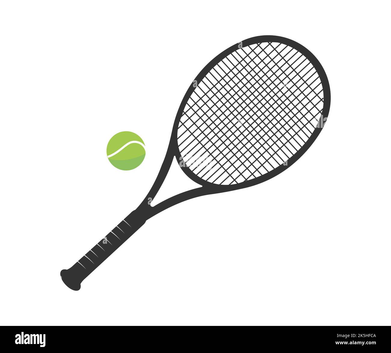 Racchetta da tennis e palla in stile piatto e alla moda con logo. Il concetto di sport di gioco all'aperto. Giacitura piatta. Attrezzatura professionale da tennis design vettoriale. Illustrazione Vettoriale