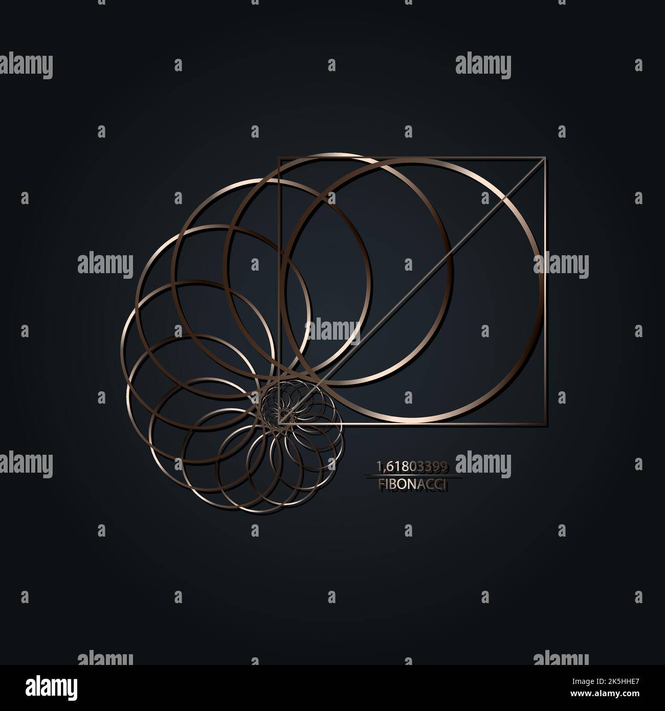 Cerchio di sequenza Fibonacci. Rapporto d'oro. Forme geometriche a spirale. Spirale di lumaca. Guscio marino di cerchi metallici. Modello logo geometria sacra. Illustrazione Vettoriale