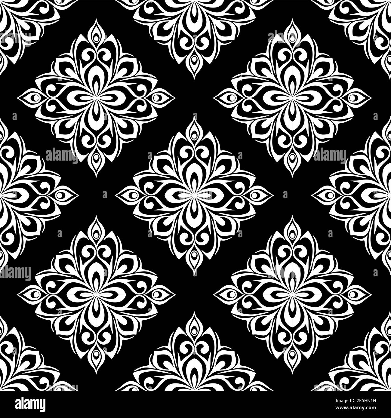 motivo grafico senza cuciture, mattonelle ornamento bianco floreale su sfondo nero, texture, design Foto Stock