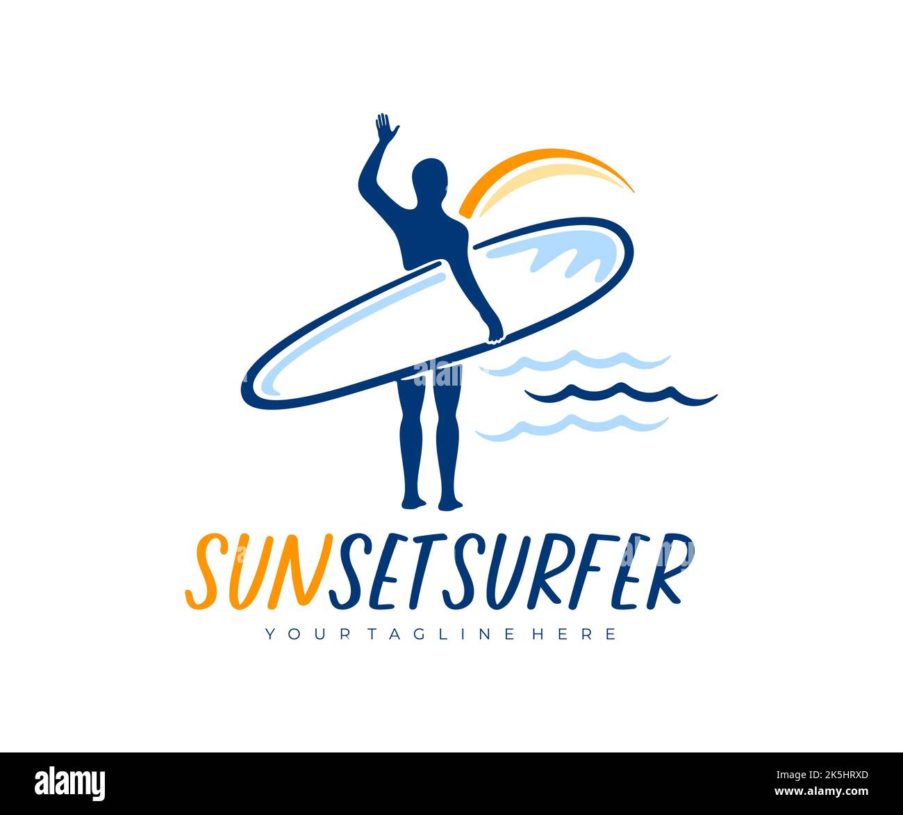 Surfista con tavola da surf al tramonto in riva all'oceano, logo design. Viaggi, tempo libero, sport e stile di vita attivo, design vettoriale e illustrazione Illustrazione Vettoriale