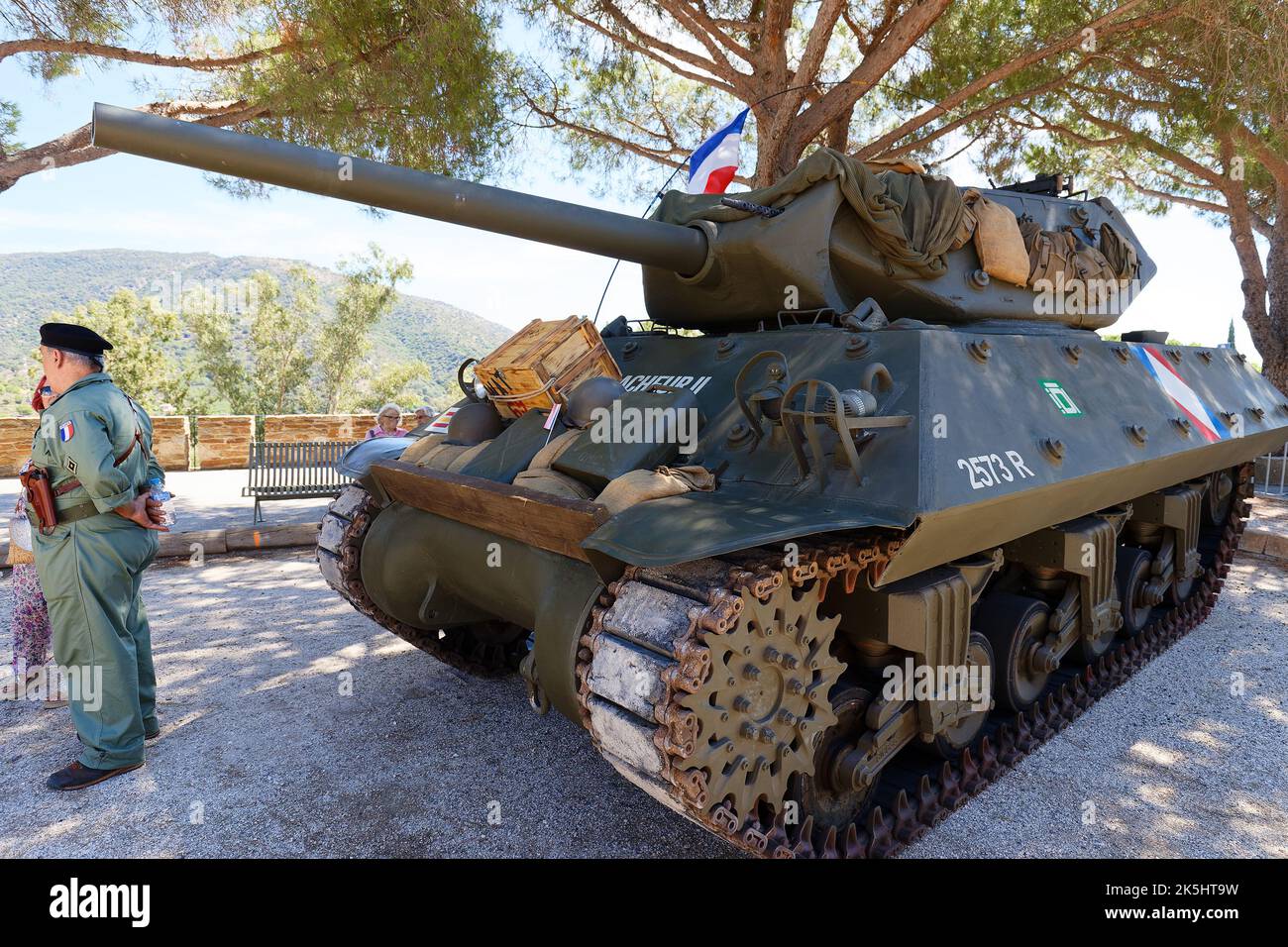 WW II American Tank alla cerimonia del 78th° anniversario della liberazione di Bormes-les-Mimosas. Foto Stock