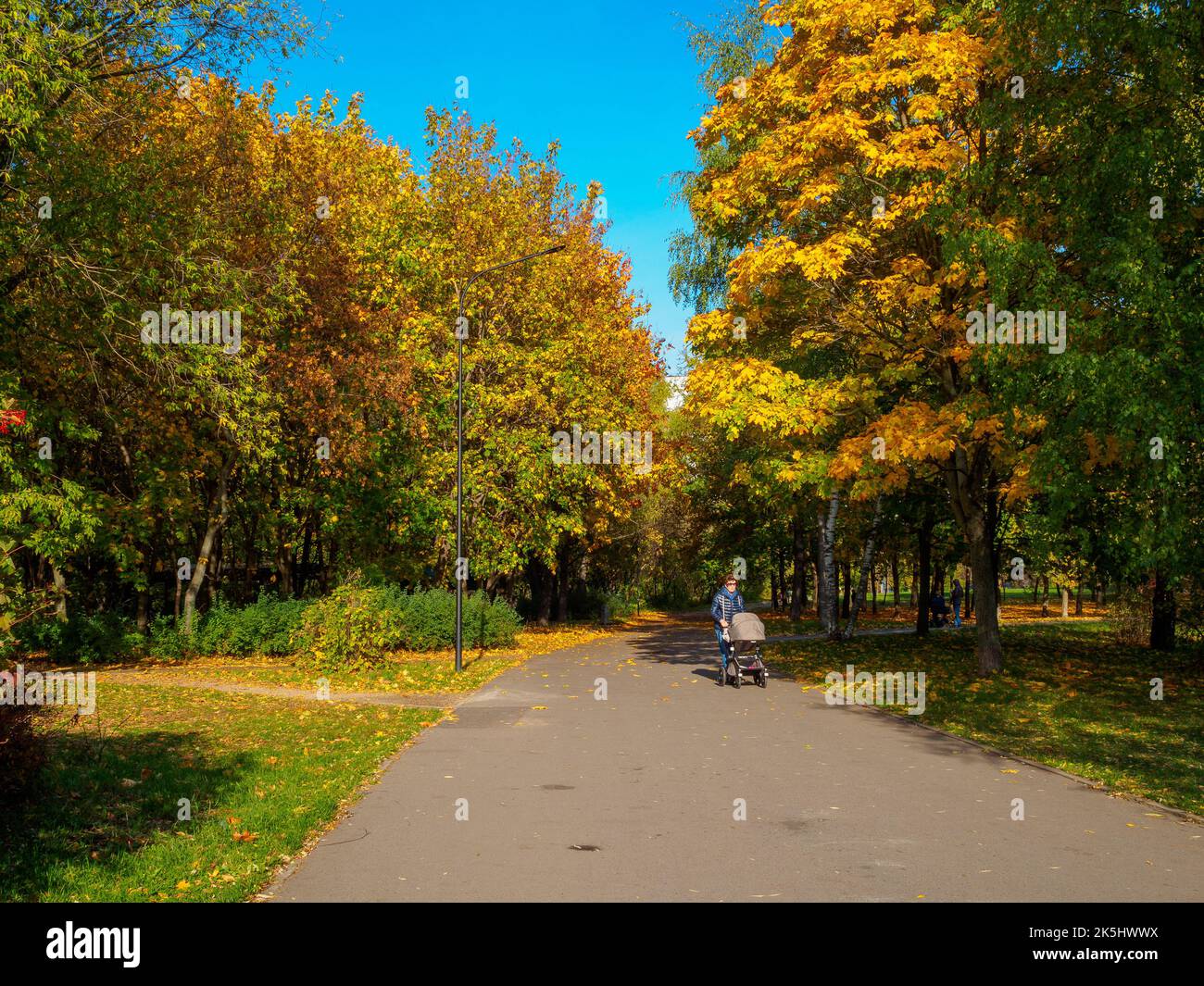 Mosca. Russia. Ottobre 8, 2022. Una donna con un passeggino cammina nel parco autunnale in una giornata di sole. Foto Stock