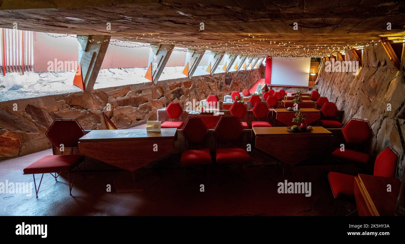 La sala conferenze di Taliesin West, una delle case estive di Frank Lloyd Wright Foto Stock