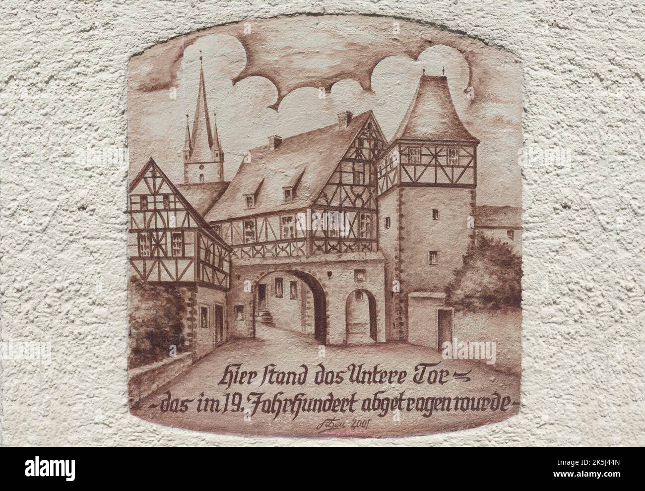 Pittura murale, ricordo di una porta cittadina medievale, Zeil am Main, bassa Franconia, Baviera, Germania Foto Stock