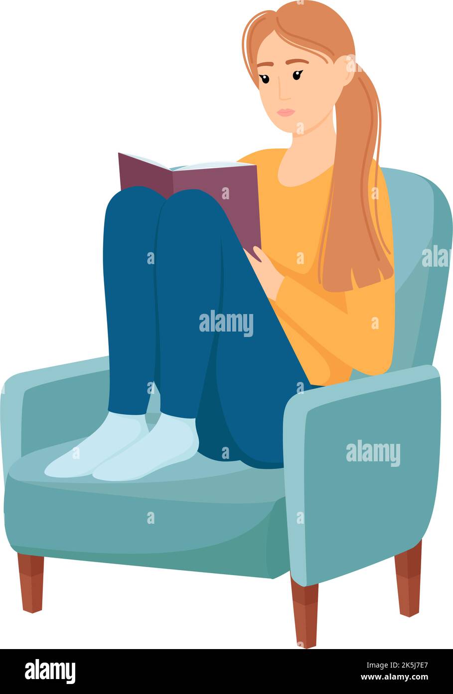 Bella donna seduta in sedia e libro di lettura. Illustrazione vettoriale Illustrazione Vettoriale