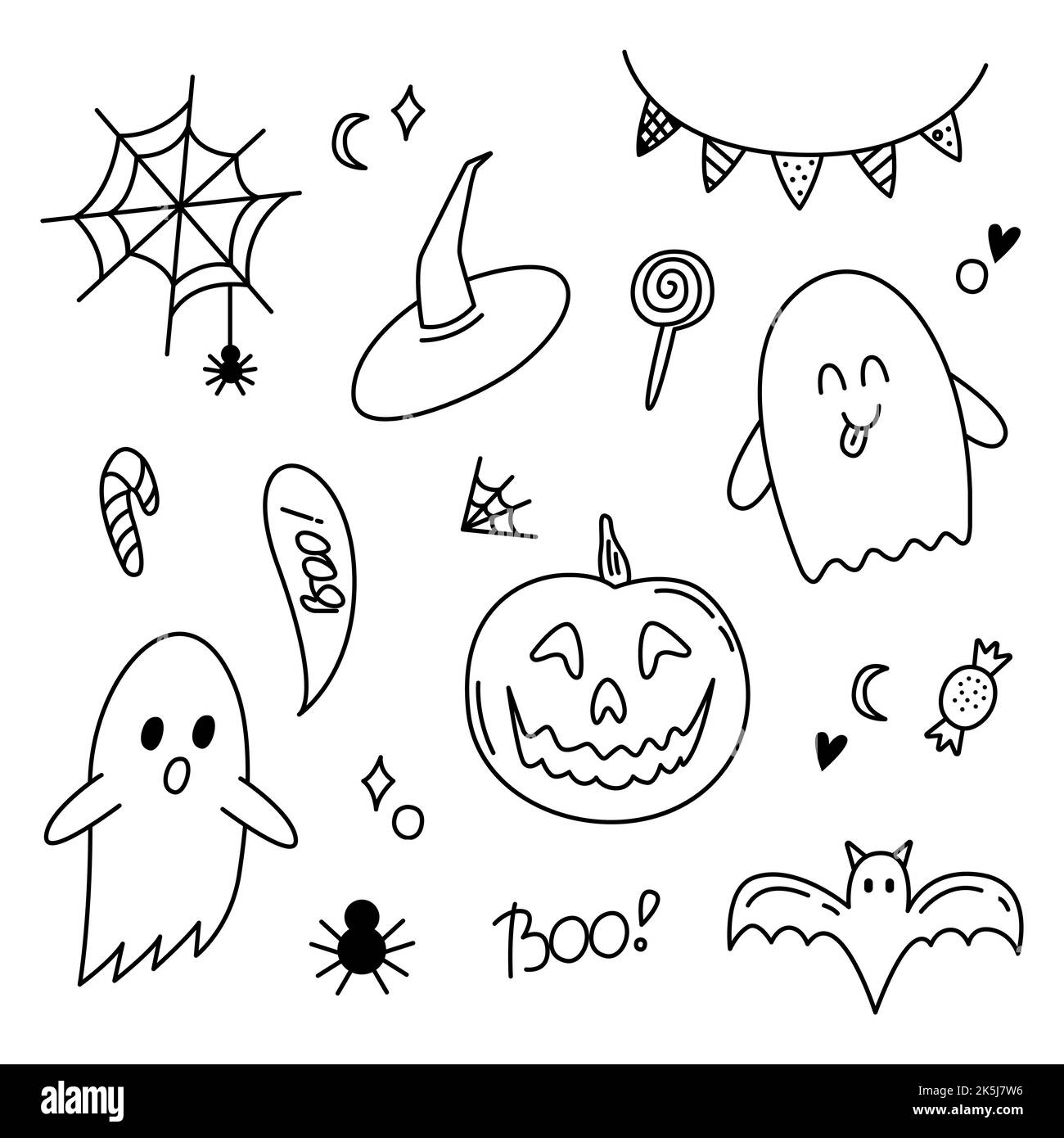 Set di doodle di Halloween. Fantasma, zucca, dolci, pipistrello, rete, ragno, cappello di strega. Elementi di cartone isolato su sfondo bianco. Vettore di contorno disegnato a mano il Illustrazione Vettoriale