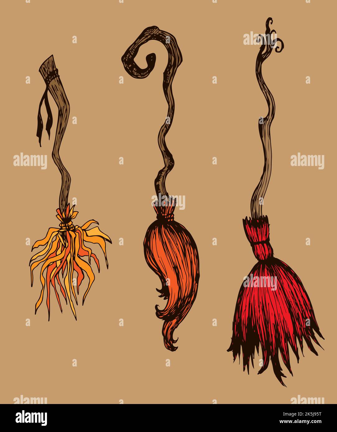 Collezione di scopa incantate colorate, modelli isolati. Elementi di Halloween per il design. Illustrazione Vettoriale