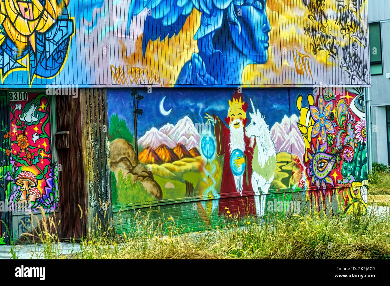 Un negozio abbandonato è coperto da colorati graffiti a Seattle, Washington. Foto Stock