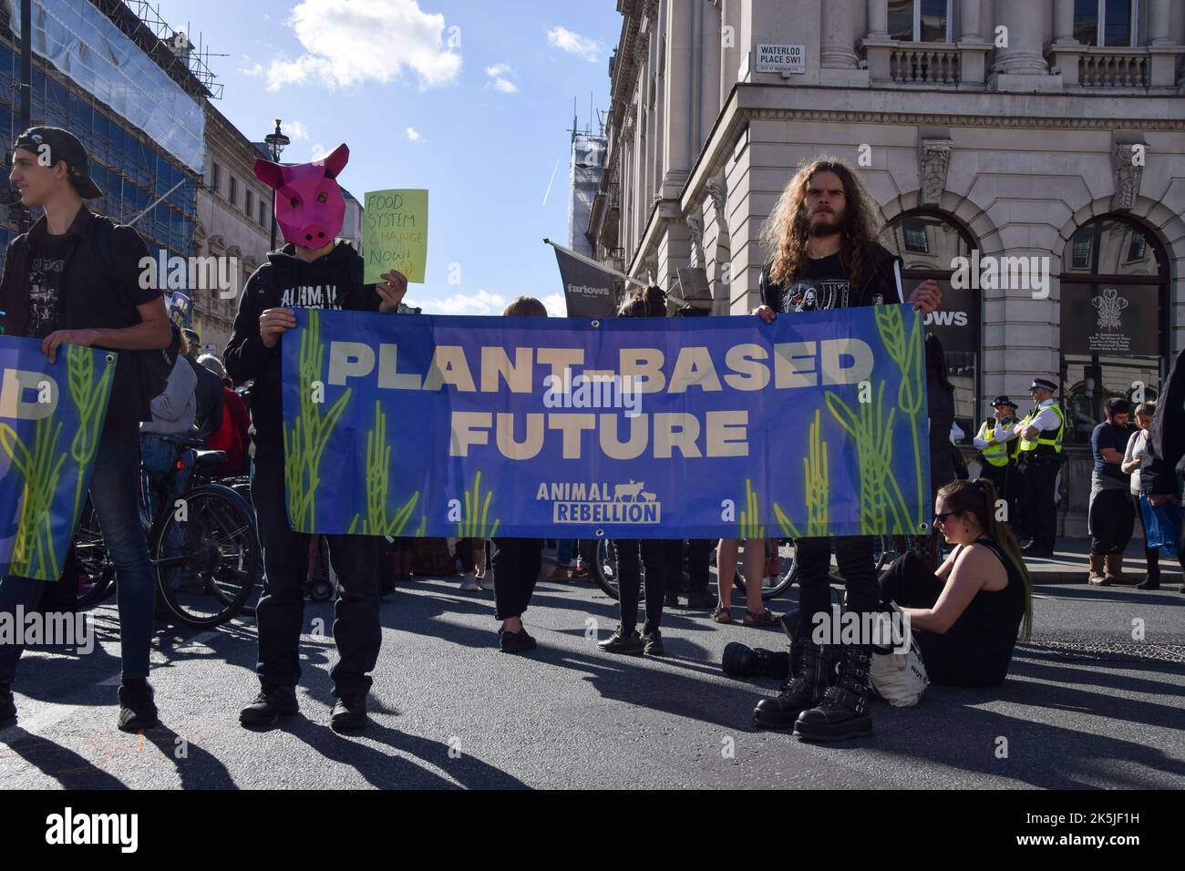 Londra, Regno Unito. 8th ottobre 2022. Gli attivisti della ribellione animale marciano nel Pall Mall. Il gruppo per i diritti degli animali ha marciato nel centro di Londra chiedendo la fine di tutte le forme di sfruttamento degli animali e di un futuro basato sulle piante. Credit: Vuk Valcic/Alamy Live News Foto Stock